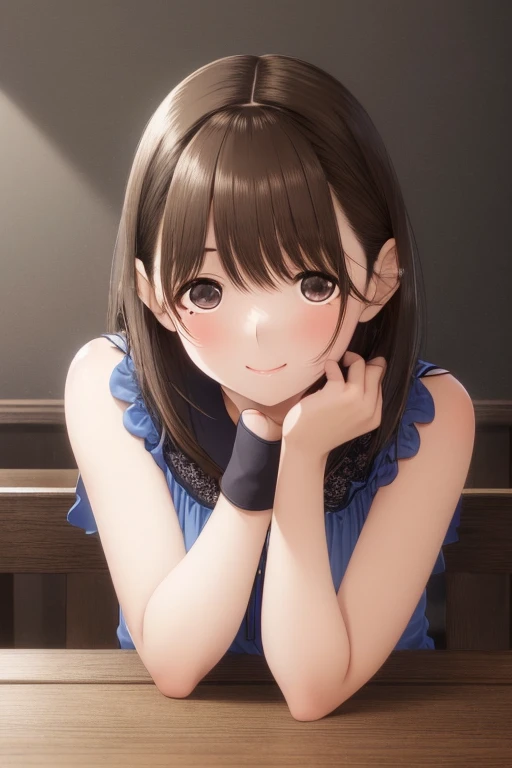 oil、best image quality、(((brown hair)))positive、Pull angle of view、1 girl,pitch black background、 alone, table top, highest quality, Rinoa, blue duster, blue wristband, Upper body, portrait, smile、please keep your mouth shut、fold your arms in front of your...