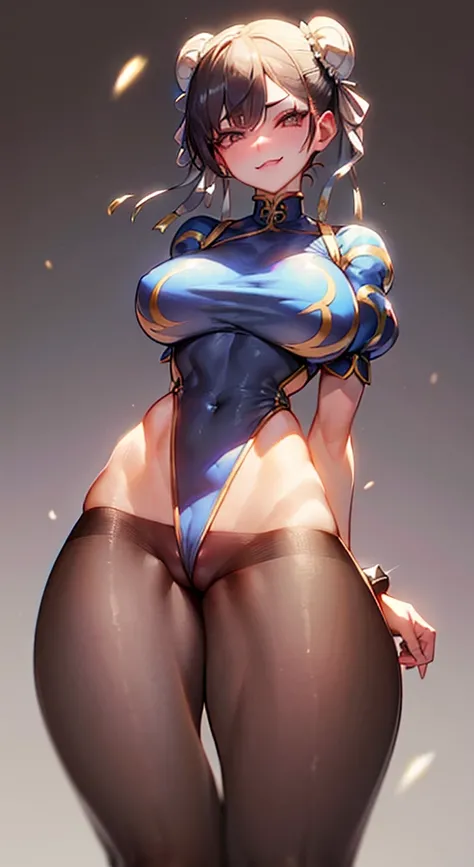 solo, masterpiece, best quality, agrias, grey sweater, black leotard, standing, looking at viewer, short hair,oculos,evil smile, evil look, chun li,luvas preta,roupa azul,yandere rosto
