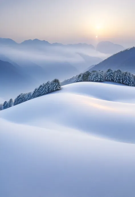 snow in winter，it's white，pure, immaculate、the chill is biting、silence and tranquility、vast、covered in silver，wide wide shot，mor...