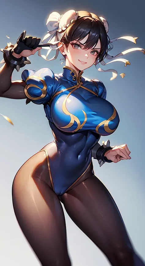 solo, masterpiece, best quality, agrias, grey sweater, black leotard, standing, looking at viewer, short hair,oculos,evil smile, evil look, chun li,luvas preta,roupa azul,yandere rosto
