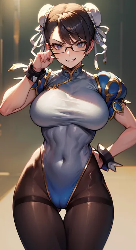 solo, masterpiece, best quality, agrias, grey sweater, black leotard, standing, looking at viewer, short hair,oculos,evil smile, evil look, chun li,luvas preta,roupa azul,yandere rosto
