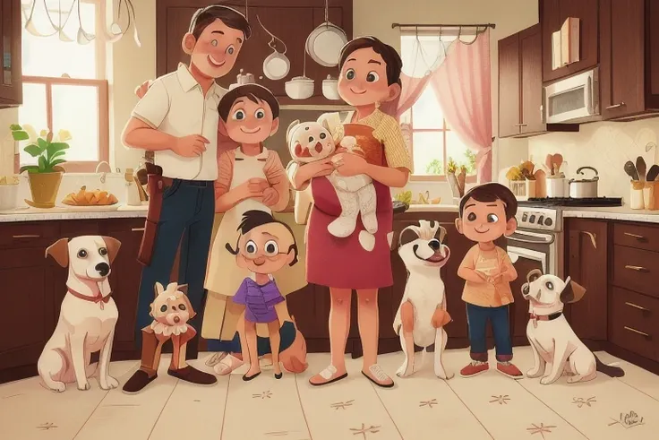 close, Family portrait, mother, father, kitchen in the background  、There&#39;s also a dog