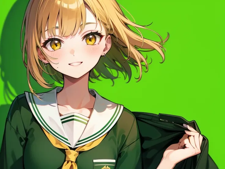 ((green background)), (long shot), (shoot from front), (smile), one girl, (white student clothes), short bob, brown hair, golden eyes, 14 years old, short height, city girl