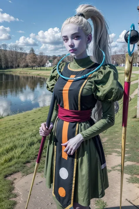 vados, blue skin, white hair, purple eyes, ponytail, blue skin, puffy sleeves,green dress, sash, looking at viewer, serious, sta...