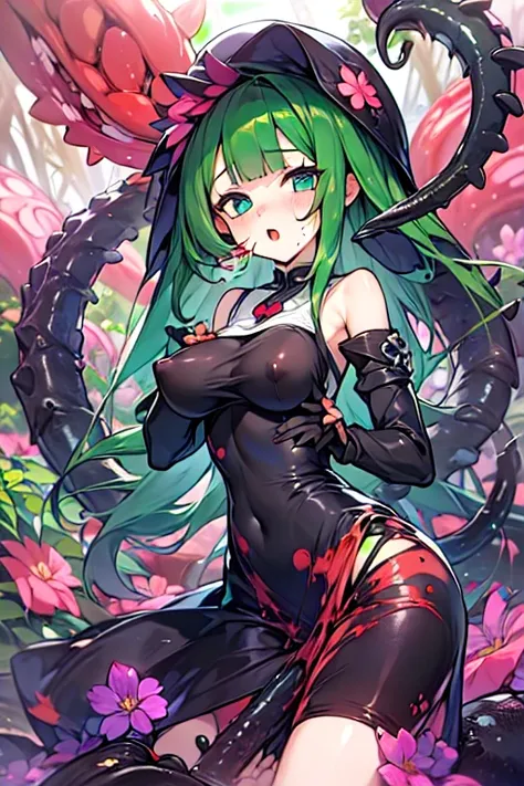 masterpiece, masterpiece,best quality,official art,extremely detailed CG unity 8k wallpaper, best quality, day, in a meadow, mountain, guro, girl, mature female, no_humans, monster, long hair, green hair, blunt bangs, tentacle hair, light blush, cute face,...