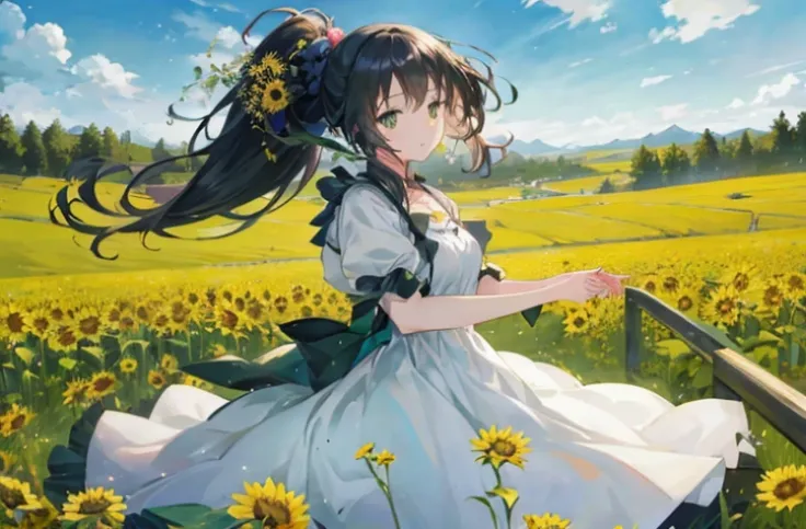 anime girl in a field of dandelions, beautiful sunflower anime girl, anime visual of a cute girl, guweiz on pixiv artstation, beautiful anime, smooth anime cg art, anime moe artstyle, rin, cute anime waifu in a nice dress, guweiz on artstation pixiv, offic...