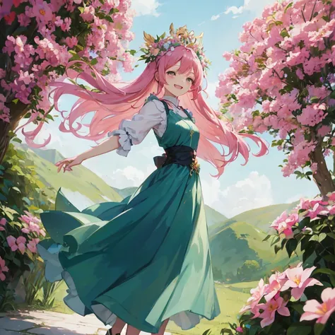 anime girl with pink hair and blue dress walking through a garden, goddess of spring, the non-binary deity of spring, guweiz on pixiv artstation, artwork in the style of guweiz, guweiz on artstation pixiv, haruno sakura, cute anime waifu in a nice dress, g...