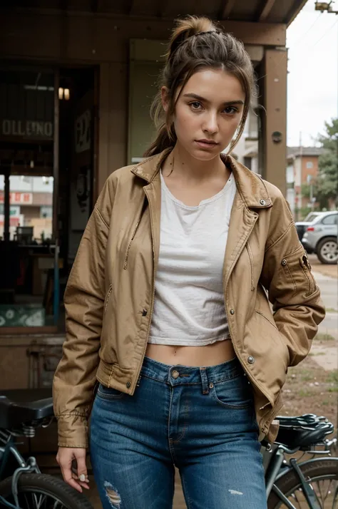 Beautiful girl, dressed in a very worn, torn and dusty long orange jacket, worn jeans, large jacket with patches, hands hanging naturally at the sides, ponytail hairstyle, cold expression, background of a gyro-bike, workshop bikes and motorcycles with a si...