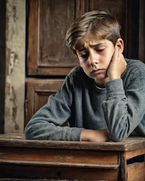 Twelve year old boy sitting next to an old desk thoughtful sad melancholic with deep pain on his face about to cry full of sadness and melancholy 