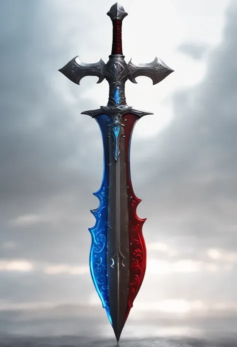 There is a pike with a red and blue design, Bright Blue Soul Blade, Incandescent spades, Pike Blade Style, raytraced blade, The sword, Bright Pike, Complex fantasy sword, war blade weapon, Medievolvil Sword, Magic Pique, Realistic pique. To create 