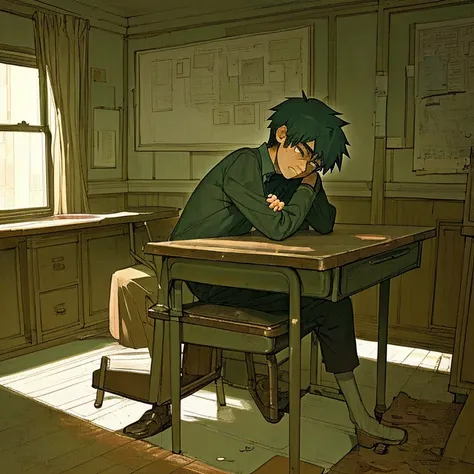 Twelve year old boy sitting next to an old desk thoughtful sad melancholic with deep pain on his face about to cry full of sadness and melancholy 