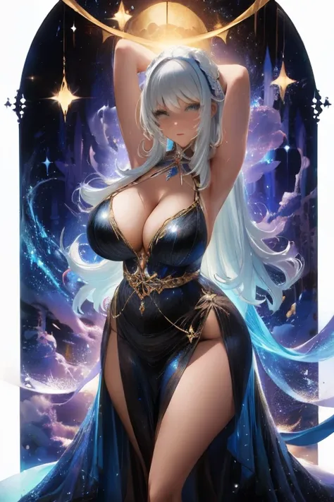 dark sorceress, massive breasts, sexy pose, sexy dress, curvy