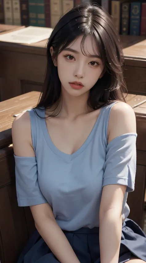 1girl,solo,(lshort-sleeved JK_sailor),JK_style,(dark blue JK_skirt),(bow JK_tie),(Inside the library:1.2),realistic,fully body,black hair,long hair,black eyes,lips,parted lips,collarbone,bare shoulders,portrait,nose,Best quality,masterpiece,ultra high res,...