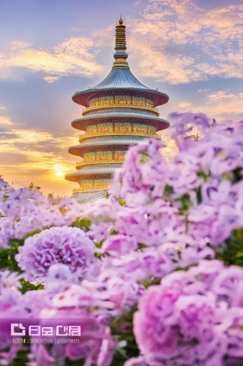 arafed view of a pagoda with pink flowers in front of it, Flower Tower, magnificent flower temple, china tower, golden hour in Beijing, Hangzhou, Beijing, pagoda, Huge pillars and flowers, Temple of Heaven, Sha Xi, Taiwan, author：Shen Zhezi, by Liang Kai, ...