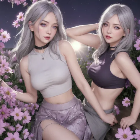 realistic, 1 girl, gray hair, purple eyes, shining eyes, crop top, skirt, parted lips, blush, night, flowers, sun, sunlight,