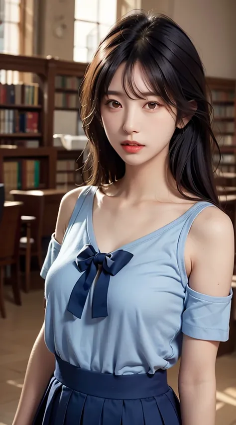 1girl,solo,(lshort-sleeved JK_sailor),JK_style,(dark blue JK_skirt),(bow JK_tie),(Inside the library:1.2),realistic,fully body,black hair,long hair,black eyes,lips,parted lips,collarbone,bare shoulders,portrait,nose,Best quality,masterpiece,ultra high res,...