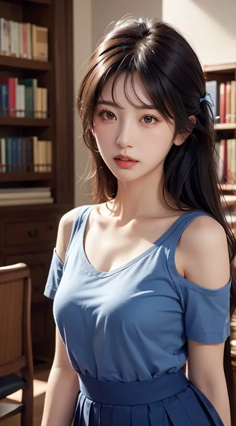 1girl,solo,(lshort-sleeved JK_sailor),JK_style,(dark blue JK_skirt),(bow JK_tie),(Inside the library:1.2),realistic,fully body,black hair,long hair,black eyes,lips,parted lips,collarbone,bare shoulders,portrait,nose,Best quality,masterpiece,ultra high res,...