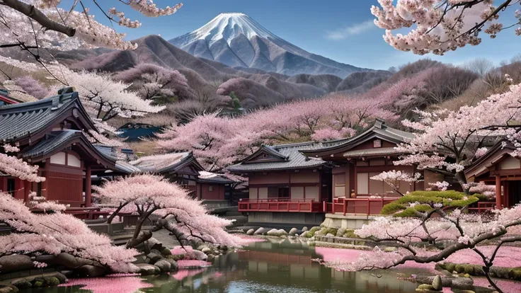 Japanese theme, Best quality, masterpiece, sakura, spring, Mountains, 4k