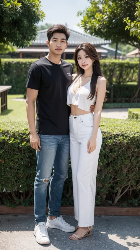 a man and a woman standing next to each other at a tourist spot in indonesia, an image, inspired by Adam Dario Keel, which is trending in the cg community, beautiful young Korean woman, naked, big breast, jeans trouser.