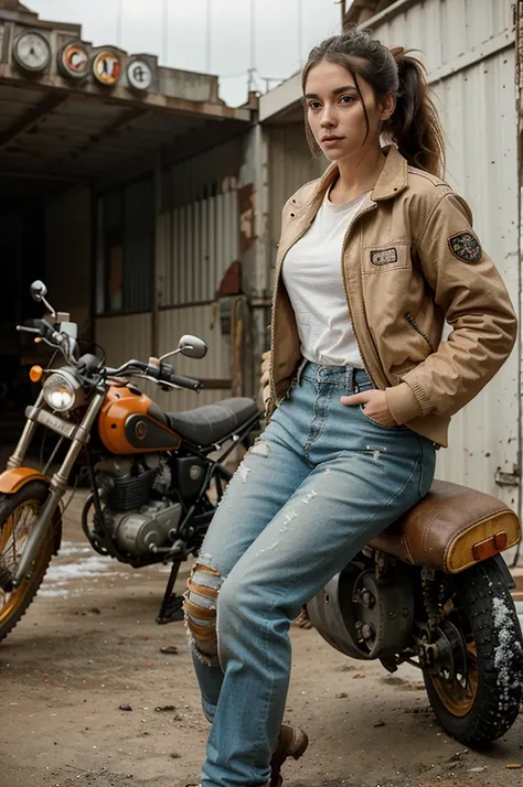 Beautiful girl, dressed in a very worn, torn and dusty long orange snow-style jacket, special pants for riding a motorcycle, large jacket with patches, hands, riding a mono-cycle gyro-bike, hairdo ponytail, cold expression, background of a gyro-bike and si...