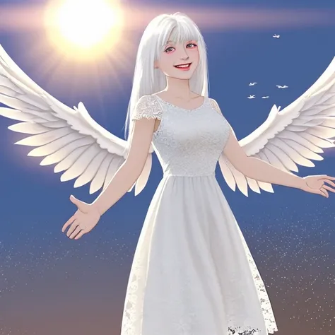 What you imagine when you are called God，white lace dress，woman，White straight hair，There is a halo，The background is the 4 o&#39;clock sky，It has large white wings，Smiling，21歳の麗しいwoman，animation