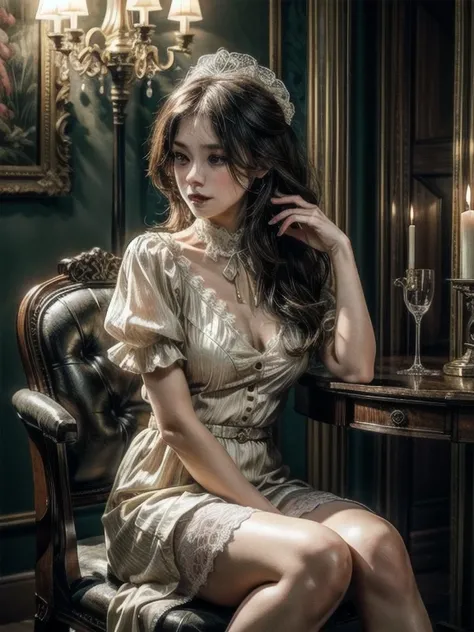 (sumptuous allure:1.3), (Baroque chic:1.1), regal ambiance, fashion photography, 4k UHD resolution, soft focus, (Baroque grace:1.3) , seated in an antique chair with a lace parasol pose, (timeless sophistication:1.15), vintage boudoir setting, (silk and la...