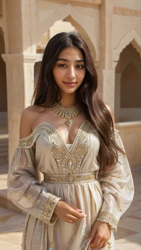 The beautiful Arab girl is distinguished by her charming Arab features, where her eyes are distinguished by attractive and magical blackness, and the beauty of her soft bronze skin that radiates vitality and freshness.. Her beautiful face complements her d...