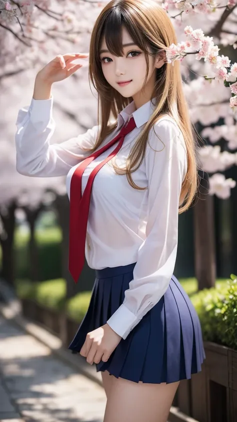 Close-up of a woman posing for a photo, the most beautiful japanese models, 17 year old female model, 4k、bangs、(blonde), medium long hair, 非対称なbangs, straight hair、(white shirt, red tie , dark blue pleated skirt:1.2),　(Super cute face with idol style:1.4),...