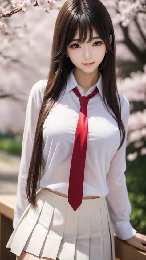 Close-up of a woman posing for a photo, the most beautiful japanese models, 17 year old female model, 4k、bangs、(blonde), medium long hair, 非対称なbangs, straight hair、(white shirt, red tie , dark blue pleated skirt:1.2),　(Super cute face with idol style:1.4),...