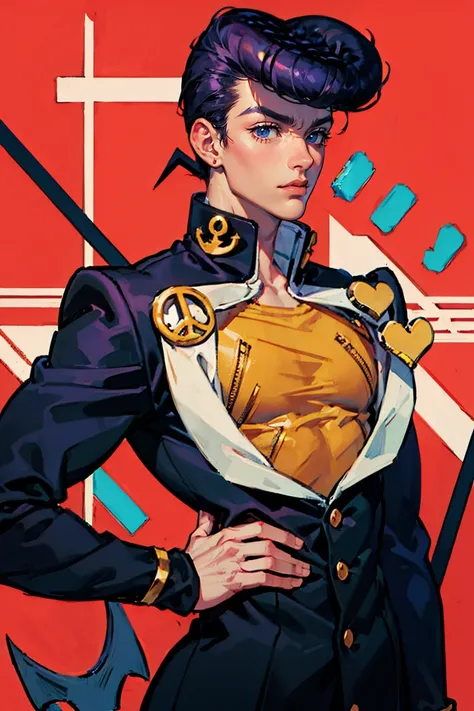 higashikata josuke, uniforme escolar, copete, simbolo de paz, broche, anchor symbol, enfoque masculino, heart, 1 chico, gakuran,...