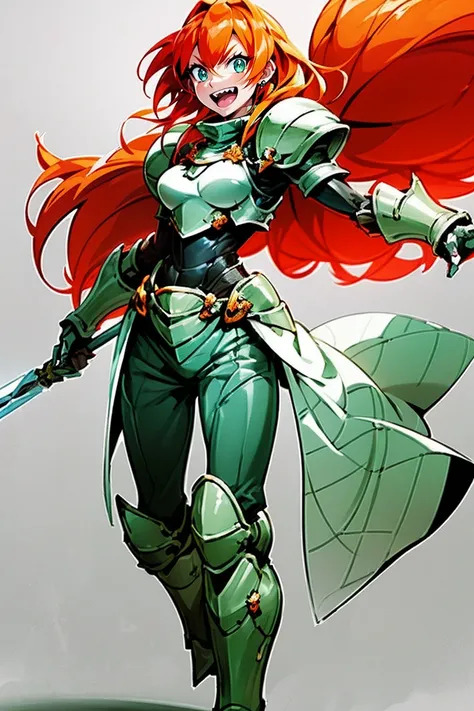 excel, orange hair, smile, fang, open mouth, green eyes,standing, medium breast, pants, pullover, , full body,knight armor, armore, sword holding, fantasy cyberpunk city magic, martial zarts martial pose