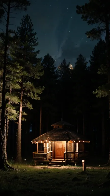 forest at night hut