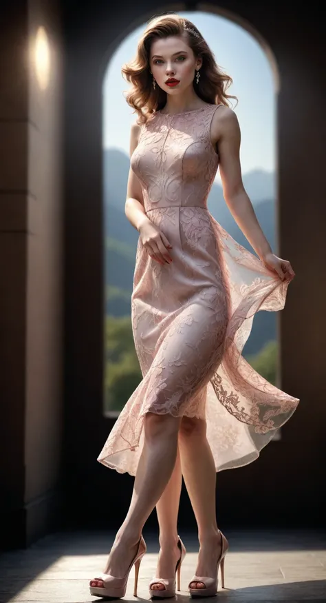 woman {hyperrealistic bright&contrast light}  extremely detailed of Hi-Res Backgrounds & Textures, extremely detailed of Hi-Res sharpness Backgrounds & Textures translucent dress complemented by high heels, executed in a cinematic shot with a vignette effe...