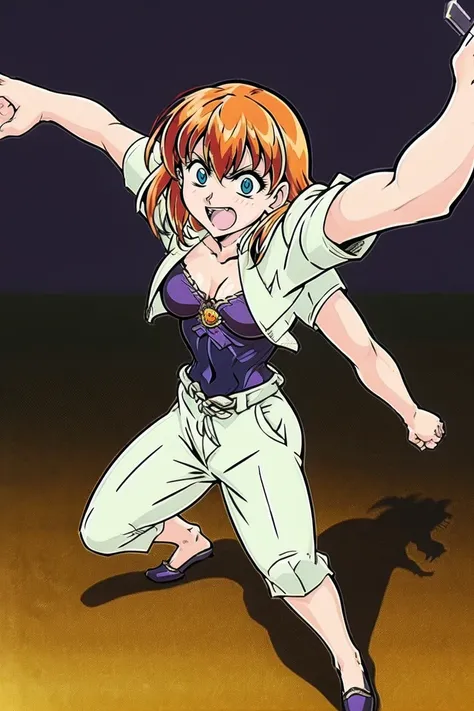 excel, orange hair, smile, fang, open mouth, green eyes,standing, medium breast, pants, pullover, , cyberpunk city magic, martial arts martial pose