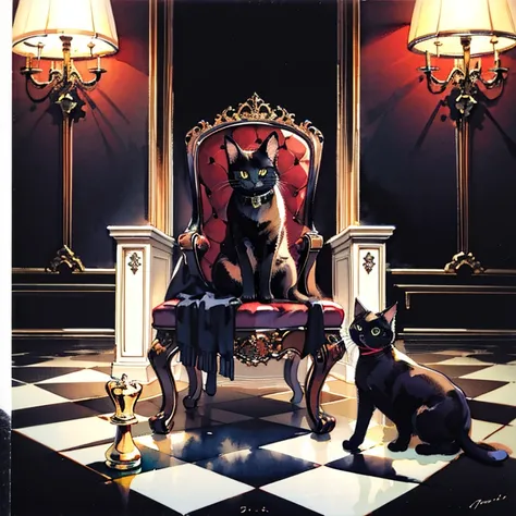 { small black cat, animal} . Best quality, normal cats, no human, mansion interior, throne, chess motif, watercolour