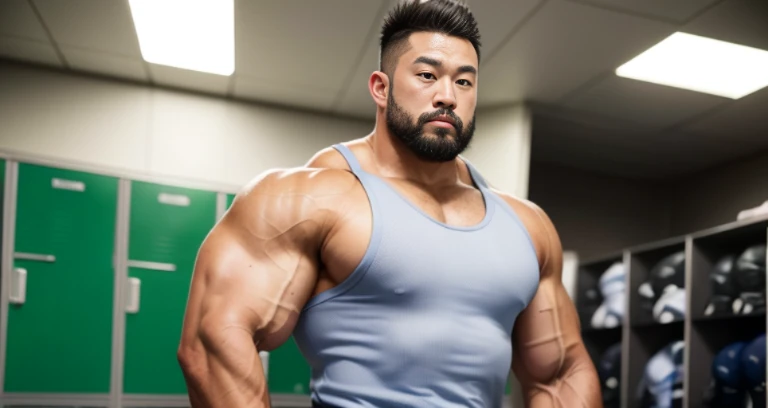 inside club locker room, facing each other, wearing jersey, Japanese man, Chinese man, Korean man, Taiwanese man, manly face, round face, monolid eyes, buzz cut, very large and strong body, bulging muscles, very large pectoral muscles, muscular arms, muscu...