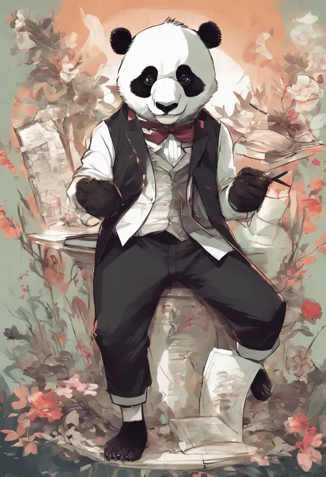 anthropomorphic panda, de cuerpo entero, vestido formalmente con un blazer, sostiene una bandeja, pegatina de panda, sticker de panda.