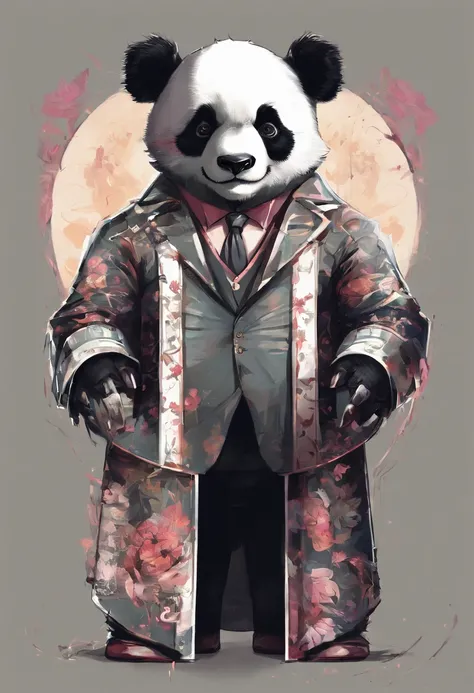 anthropomorphic panda, de cuerpo entero, vestido formalmente con un blazer, sostiene una bandeja, pegatina de panda, sticker de panda.