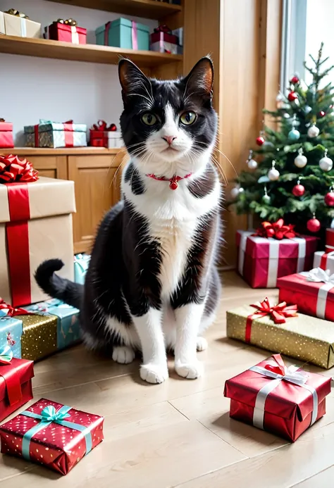 Katze packt Geschenke ein, Gerlanden everywhere in the room