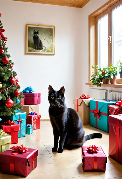 Katze packt Geschenke ein, Gerlanden everywhere in the room