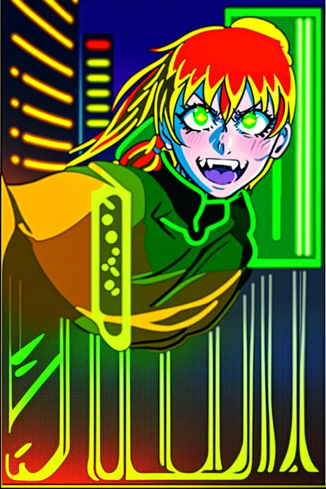 excel, orange hair, smile, fang, open mouth, green eyes,standing, medium breast, pants, pullover, , cyberpunk city magic, martial arts martial pose, full body, fangs, ponytail,