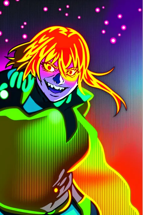 excel, orange hair, smile, fang, open mouth, green eyes,standing, medium breast, pants, pullover, , cyberpunk city magic, martial arts martial pose, full body, fangs, ponytail,,best quality, vivid colors, cyberpunk style, realistic lighting, detailed backg...