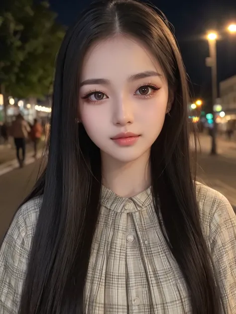 high resolution　8k　long eyelashes　natural lips　beautiful eyes　white skin　long hair　thin eyebrows　straight hair　black hair　shiny hair　plaid dress　night view　light　wide forehead　street light