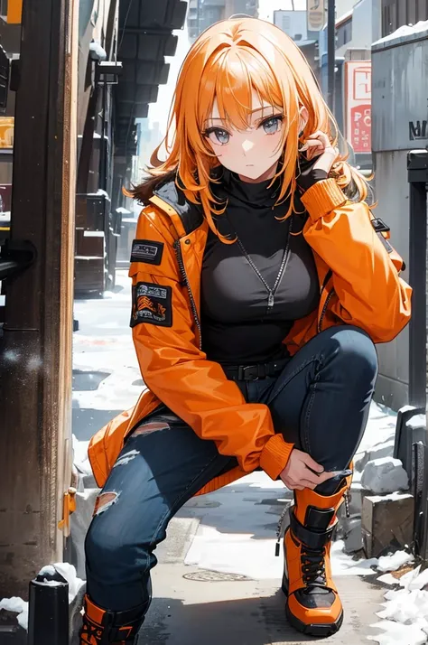 hermosa chica, with a long orange snow style jacket that is very worn and torn and full of dust, pantalones especiales para moto, una chaqueta grande con parches, manos con 5 dedos, peinado de cola de caballo, cold expression, foto de cuerpo completo.  hig...