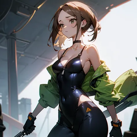 slender、big breasts、Goggles on foreheadをつけている、small ass、A slender and delicate mechanic girl、Roomy clothes、oversized cargo pants、It&#39;s a bellybutton、front zip swimsuit、visible bra straps、bare shoulders、off shoulder、work gloves、Goggles on forehead、hold a...