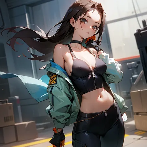 slender、big breasts、Goggles on foreheadをつけている、small ass、A slender and delicate mechanic girl、Roomy clothes、oversized cargo pants、It&#39;s a bellybutton、front zip swimsuit tops、visible bra straps、bare shoulders、off shoulder、work gloves、Goggles on forehead、h...