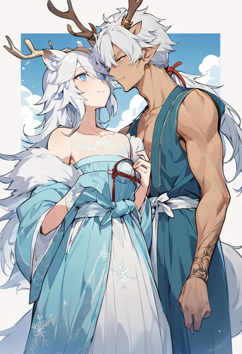 A beastly style of painting，Deer orcs，male，178cm，88kg，17cm，It&#39;s a hybrid of wolf and deer，With golden antlers，deer ears，Wolf paw，wolf tail，Covered with white hair，There is a blue moiré pattern on the collarbone，There is a light blue iris-shaped pattern...