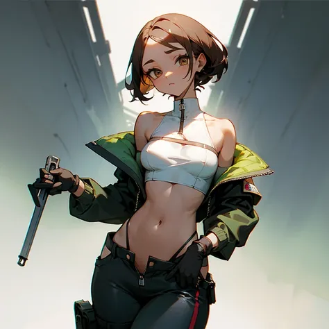 slender、big breasts、Goggles on foreheadをつけている、small ass、A slender and delicate mechanic girl、Roomy clothes、oversized cargo pants、It&#39;s a bellybutton、Front zip high neck top、super cutout design、crop top、bare shoulders、off shoulder、work gloves、Goggles on ...