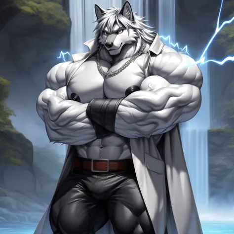 (upload on e621) (Masterpiece) (by Drks) (best quality) (ultra high res) 4K (8k HD) 2D (perfect anatomy) (digital art) (official art) (extreme detailed) (ultra detailed) (strapsanime) color (soft shading) (sharp focus) (waterfall background) 1man silver bo...