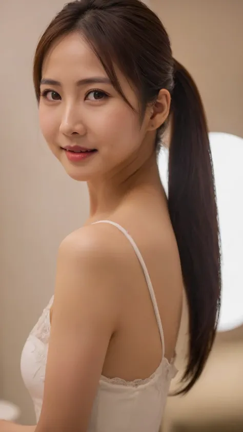 Ponytail，34 year old Japanese woman, 
(dark brown eyes, pupil, beautiful eye details, There is light in the eyes:1.2), (rough skin:1.4),(uneven skin tone:1.6),(old smile),
(professional lighting), Luxurious indirect lighting,
Located in the luxury lounge,